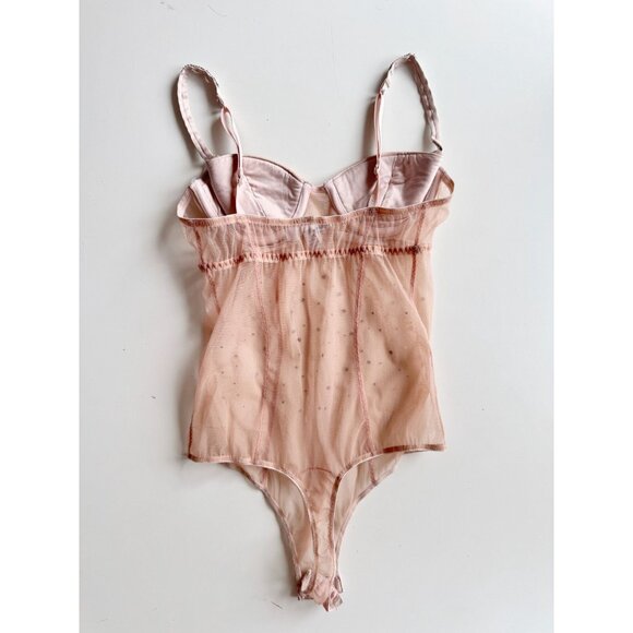 I.D. SARRIERI Light Pink Mesh Swarovski Rhinestone Thong Bodysuit, Size M - Picture 7 of 16